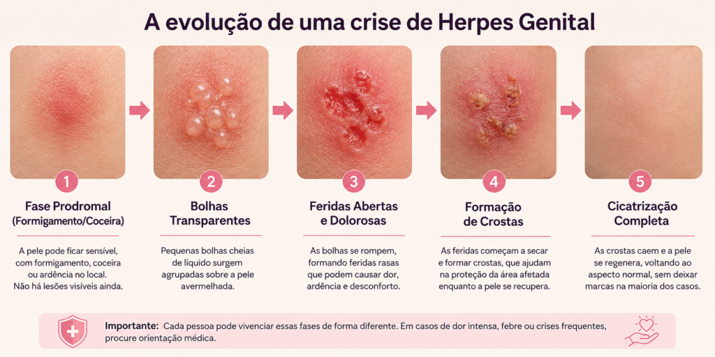 Infográfico mostrando a evolução das lesões do herpes genital, desde o formigamento inicial e surgimento de bolhas até a formação de crostas e a cicatrização completa. Como Saber se Tenho Herpes Genital