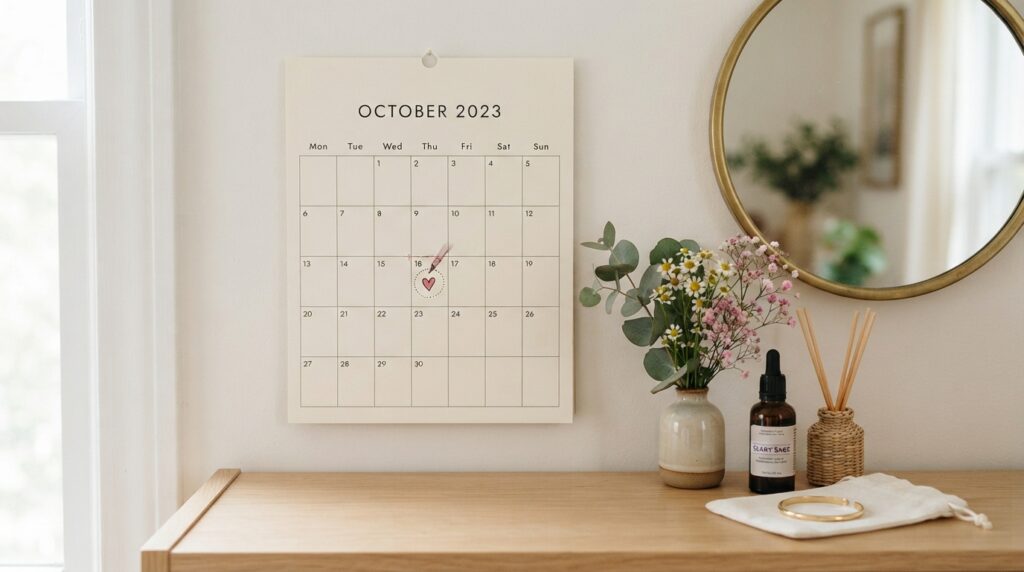 Uma imagem conceitual em estilo flat design ou fotografia clean ilustrando uma folha de calendário com um dia marcado por um coração ou círculo discreto, ao lado de um espelho ou de elementos que remetam ao bem-estar feminino (como flores delicadas ou um frasco de óleo essencial), ilustrando visualmente o acompanhamento do ciclo biológico.