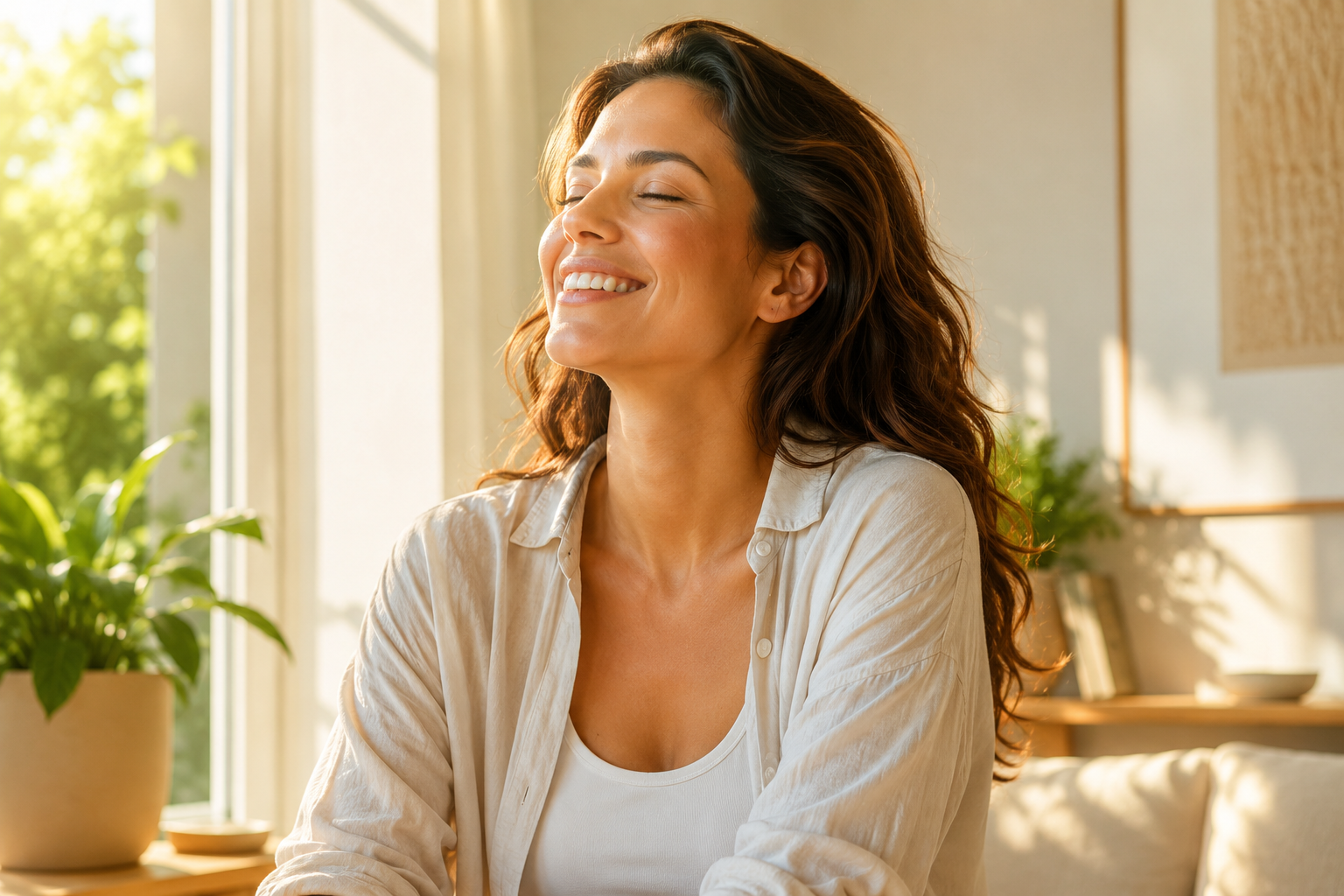 Mulher sorridente próxima à janela com luz do sol, representando bem-estar, saúde íntima feminina e recuperação após candidíase recorrente.