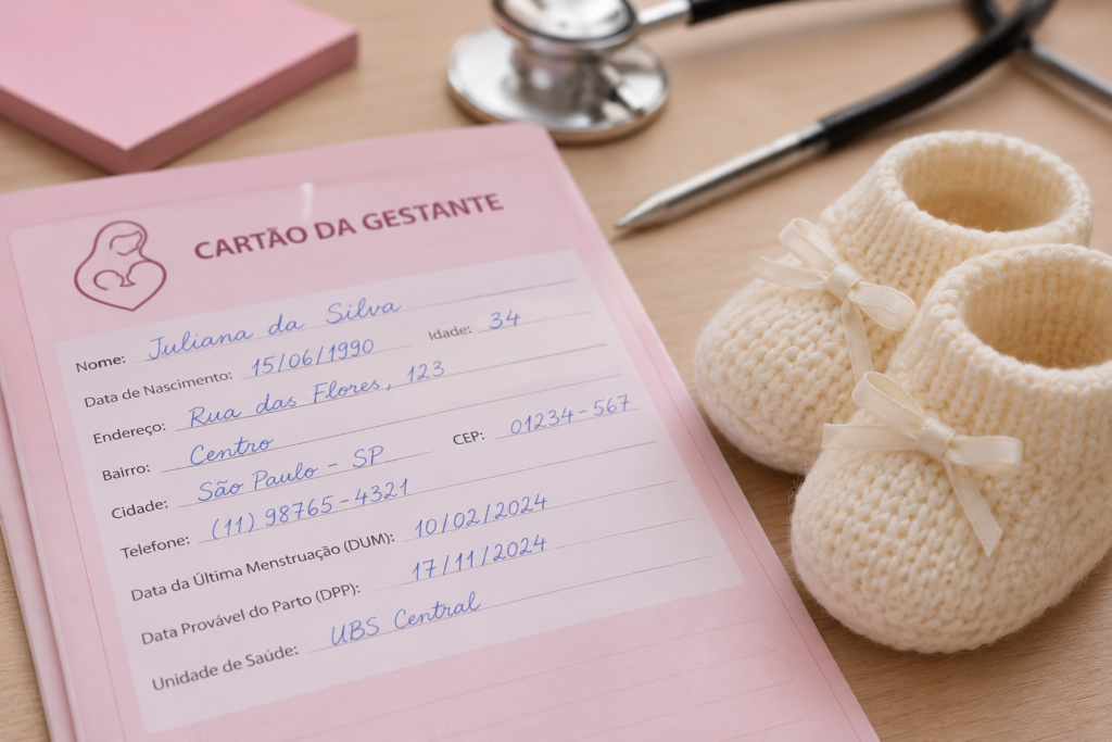 Close-up delicado de um Cartão da Gestante preenchido sobre uma mesa de consultório, com sapatinhos de lã de bebê ao lado, simbolizando organização e cuidado na maternidade.