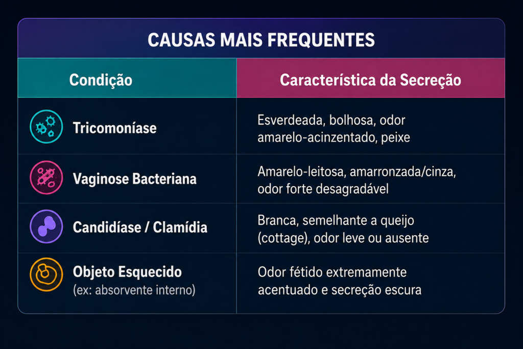 Tabela informativa com as causas mais frequentes do corrimento vaginal e as características da secreção, incluindo tricomoníase, vaginose bacteriana, candidíase, clamídia e presença de corpo estranho
