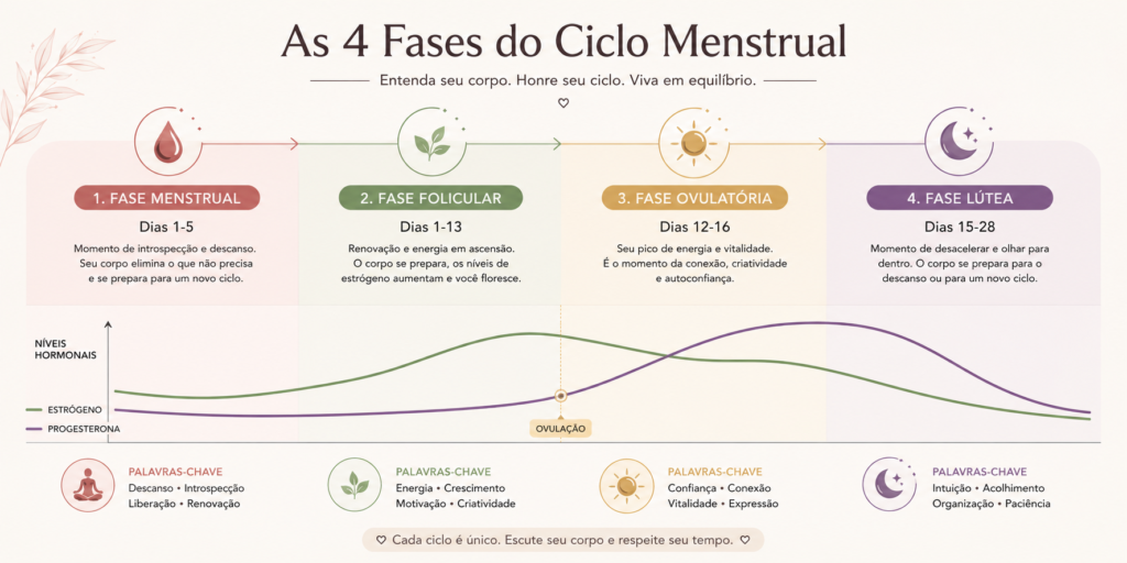 Um infográfico linear e elegante mostrando a transição das 4 Fases do Ciclo Menstrual (Menstrual, Folicular, Ovulatória e Lútea) com uma linha suave representando a oscilação dos hormônios estrógeno e progesterona.