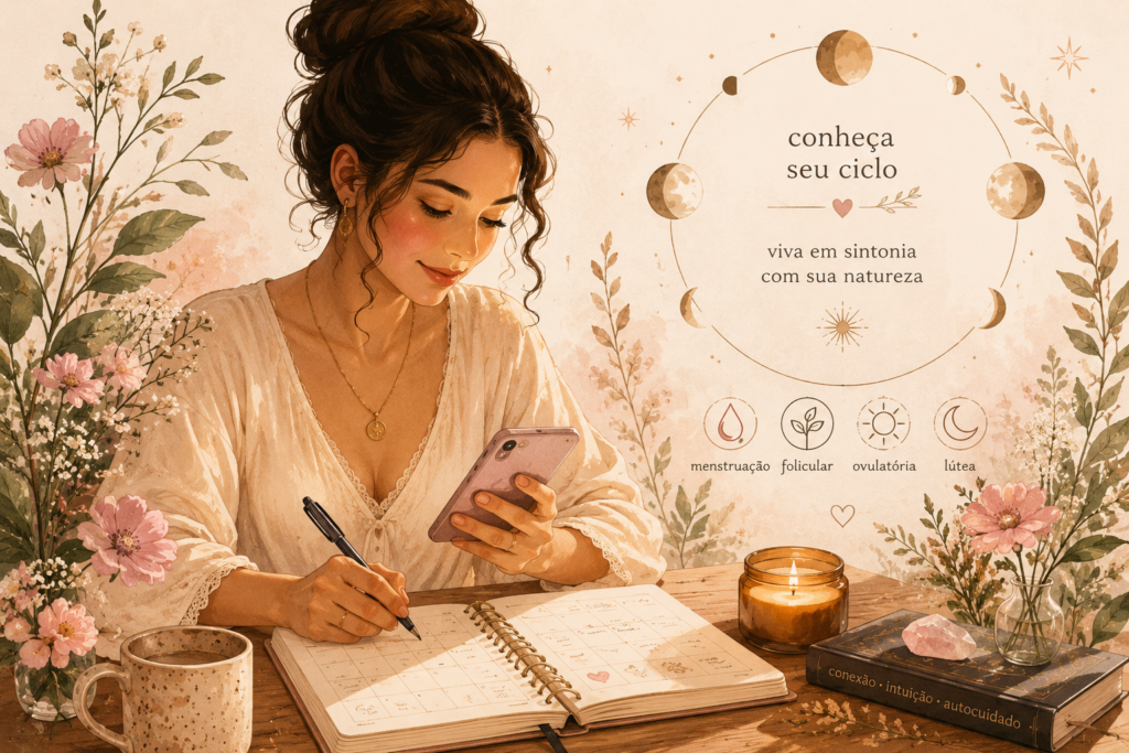 Uma ilustração delicada de uma mulher anotando informações em um smartphone ou planner, cercada por elementos florais e símbolos que remetem à natureza e à ciclicidade feminina.]