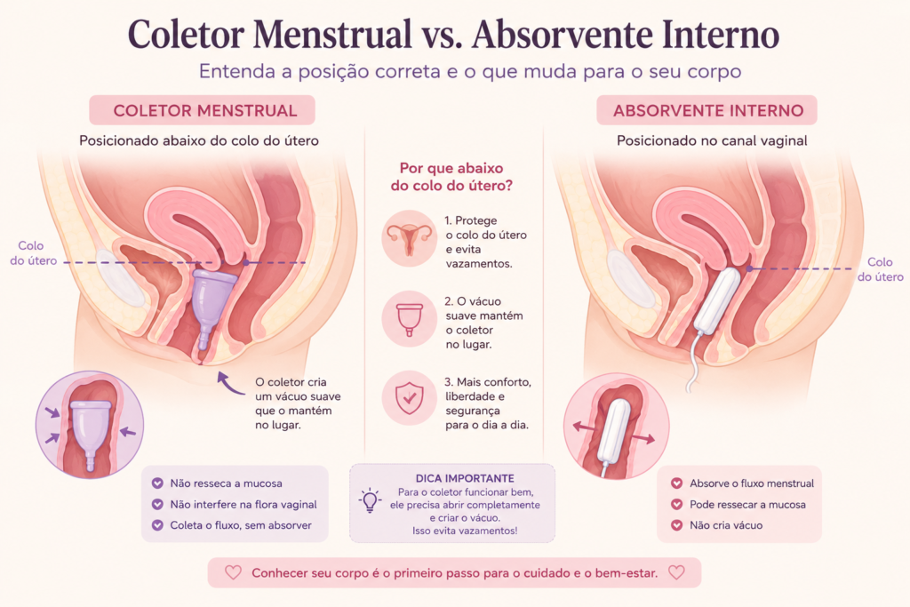 Uma ilustração anatômica ou infográfico explicativo e humanizado, mostrando sutilmente a posição correta do coletor menstrual no canal vaginal (abaixo do colo do útero) versus a posição do absorvente interno. O foco visual deve usar cores suaves e setas indicativas limpas para educar sobre o posicionamento e o vácuo correto.]