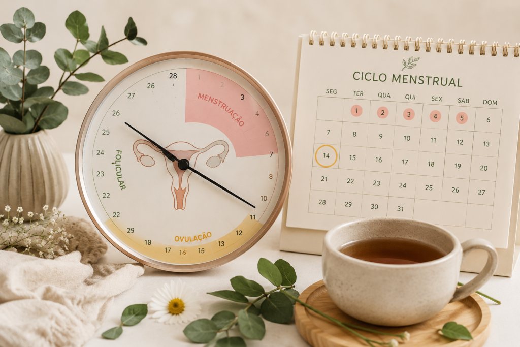 Uma ilustração médica elegante ou foto conceitual mostrando um relógio ou calendário estilizado ao lado de elementos que remetem ao bem-estar (como uma xícara de chá morno ou folhas verdes), simbolizando o tempo biológico e o equilíbrio do corpo.