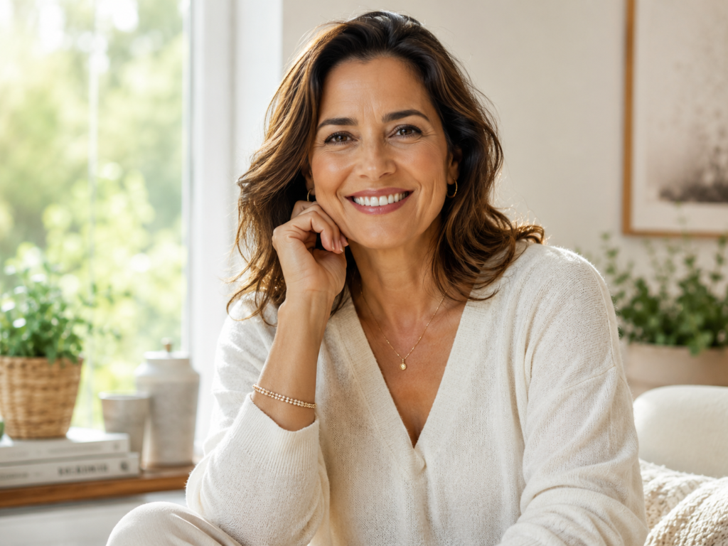 Uma mulher na faixa dos 45-50 anos, sorridente, expressando serenidade, vitalidade e bem-estar com passando pelo Sintomas da Menopausa , em um ambiente bem iluminado com luz natural (ex: perto de uma janela ou ao ar livre).
