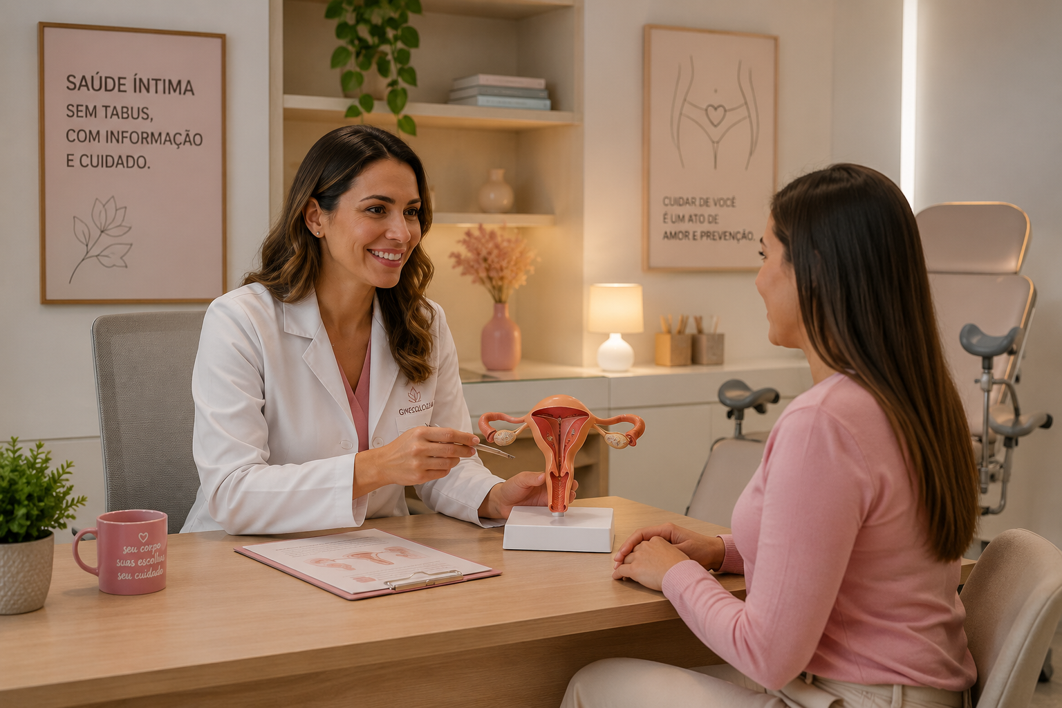 oto de ambiente clínico acolhedor ou ilustração médica suave de uma consulta, transmitindo a ideia de segurança, profissionalismo e quebrar o tabu sobre exames ginecológicos.