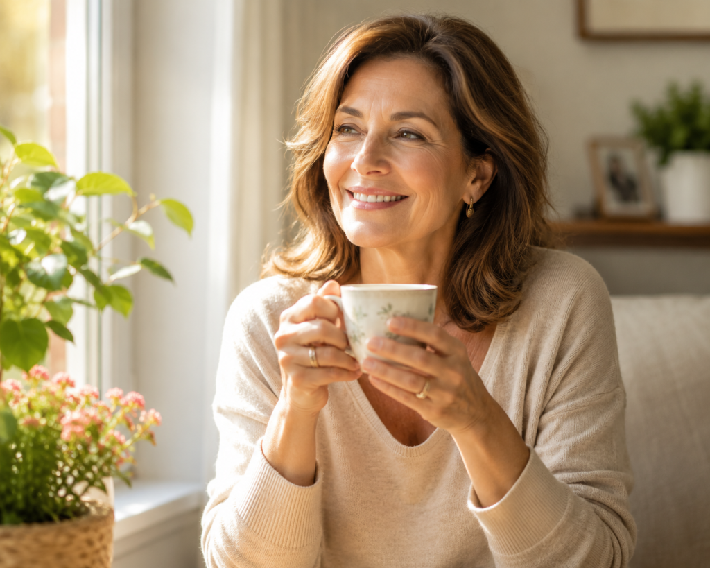 Mulher madura sorrindo e tomando chá Controlando as Ondas de Calor na Menopausa  em ambiente iluminado, representando alívio e bem-estar na menopausa.