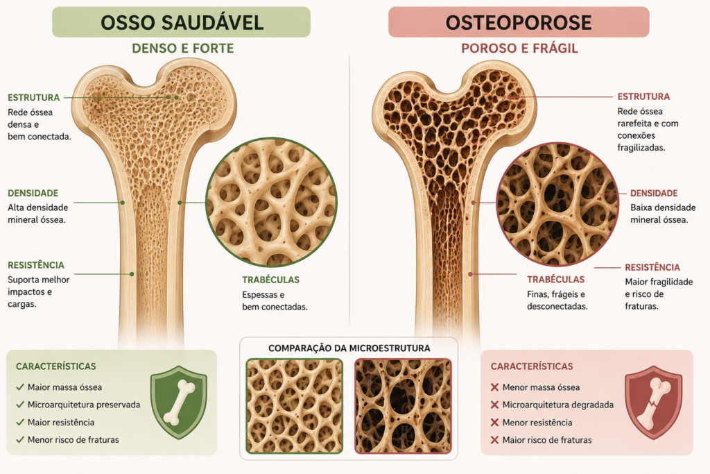 Comparação entre osso saudável e osteoporose