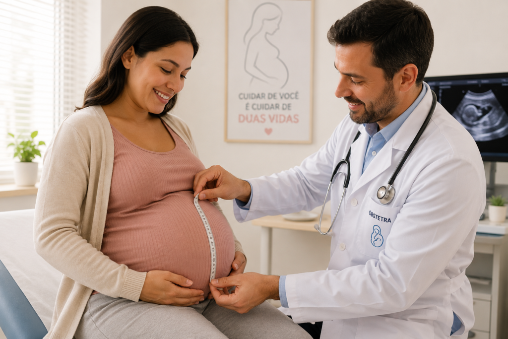 Gestante sorridente em consulta de pré-natal