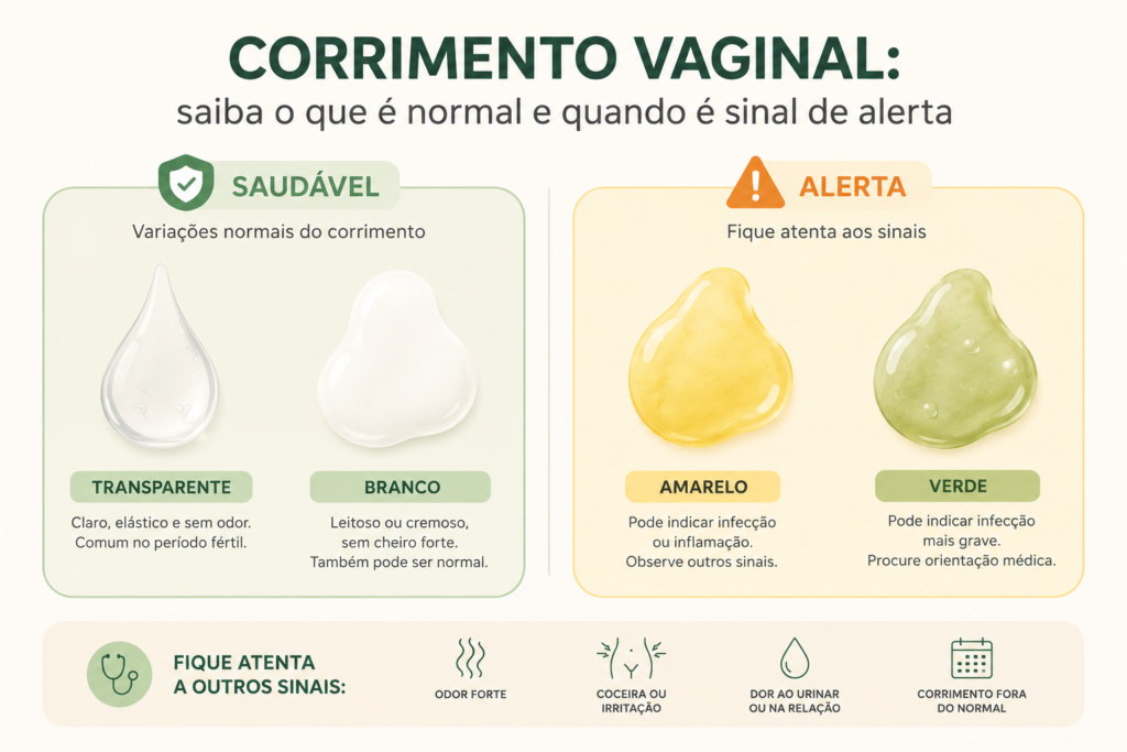  Infográfico minimalista ilustrando as cores do corrimento (Transparente/Branco = Saudável; Amarelo/Verde = Alerta) para guiar o olhar da leitora logo no início das explicações clínicas.]
