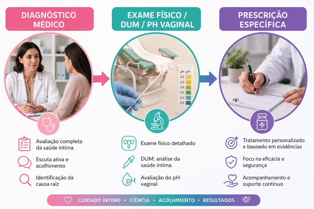 Fluxograma ilustrando o processo de diagnóstico médico com exame físico, DUM, avaliação do pH vaginal e prescrição específica para tratamento ginecológico personalizado.