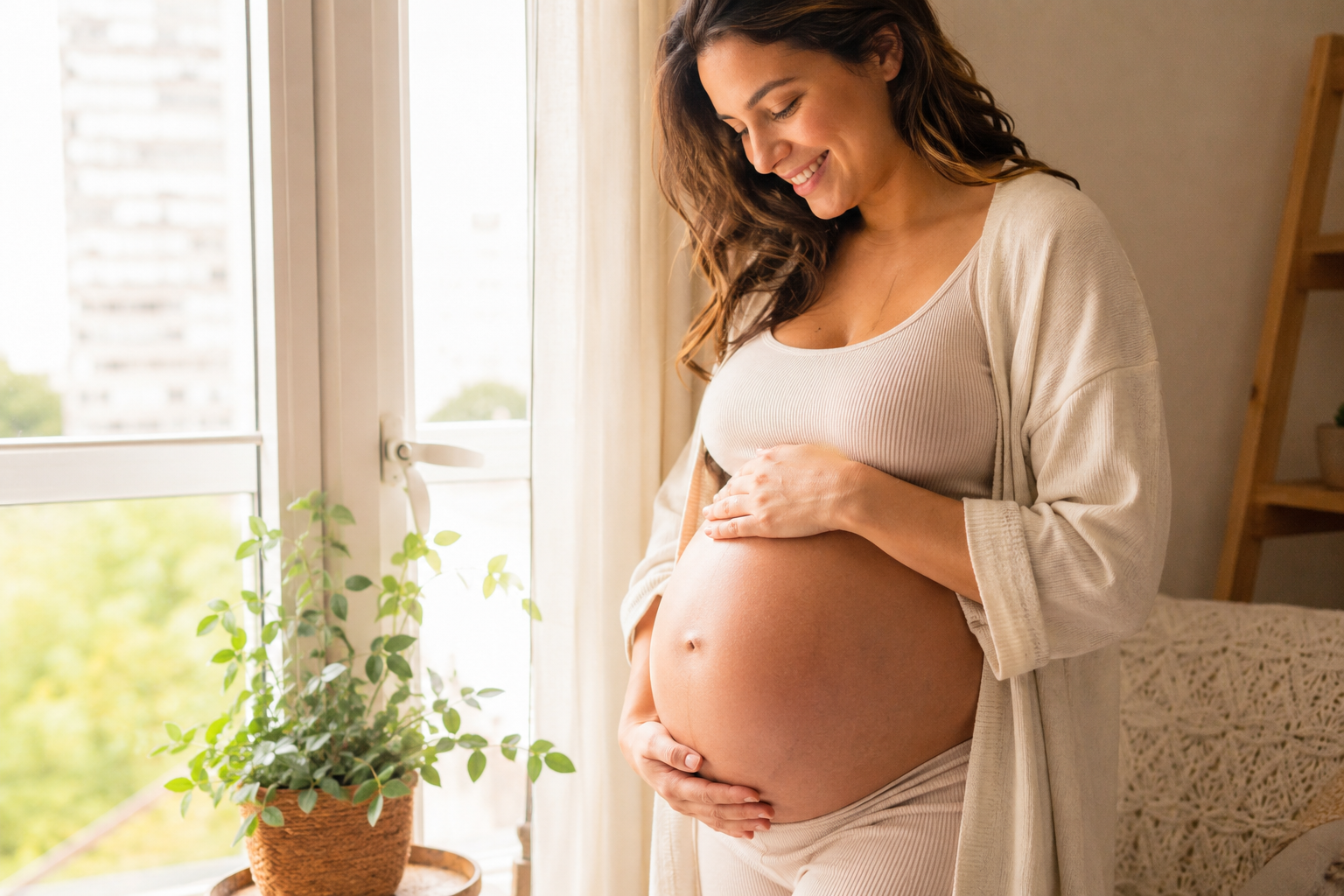 Fotografia humanizada e calorosa de uma gestante sorridente acariciando a barriga madura de terceiro trimestre, iluminada por uma luz natural de janela