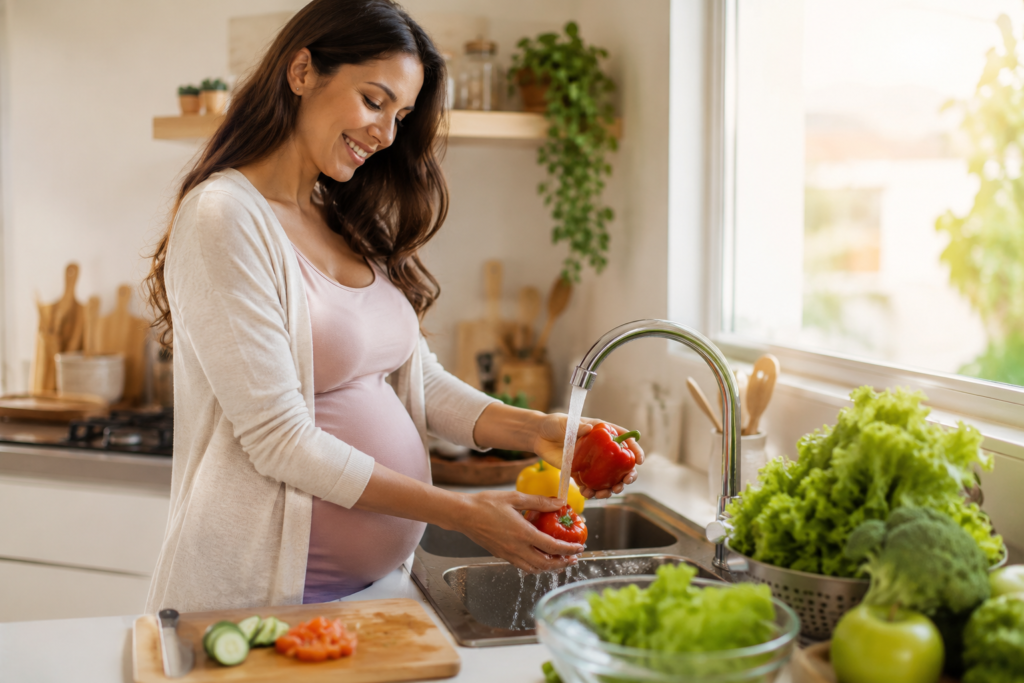 Grávida na cozinha lavando folhas verdes frescas e vegetais sob água corrente para higienização segura e preparando Alimentação na Gravidez.