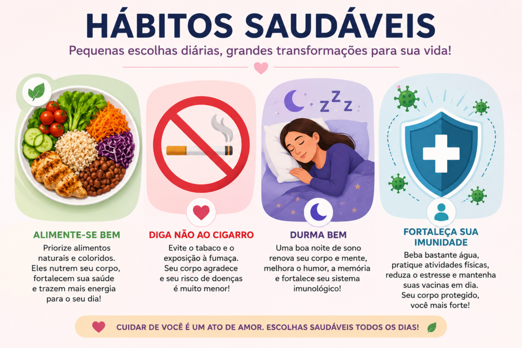Infográfico sobre hábitos saudáveis e fortalecimento da imunidade contra o vírus HPV.