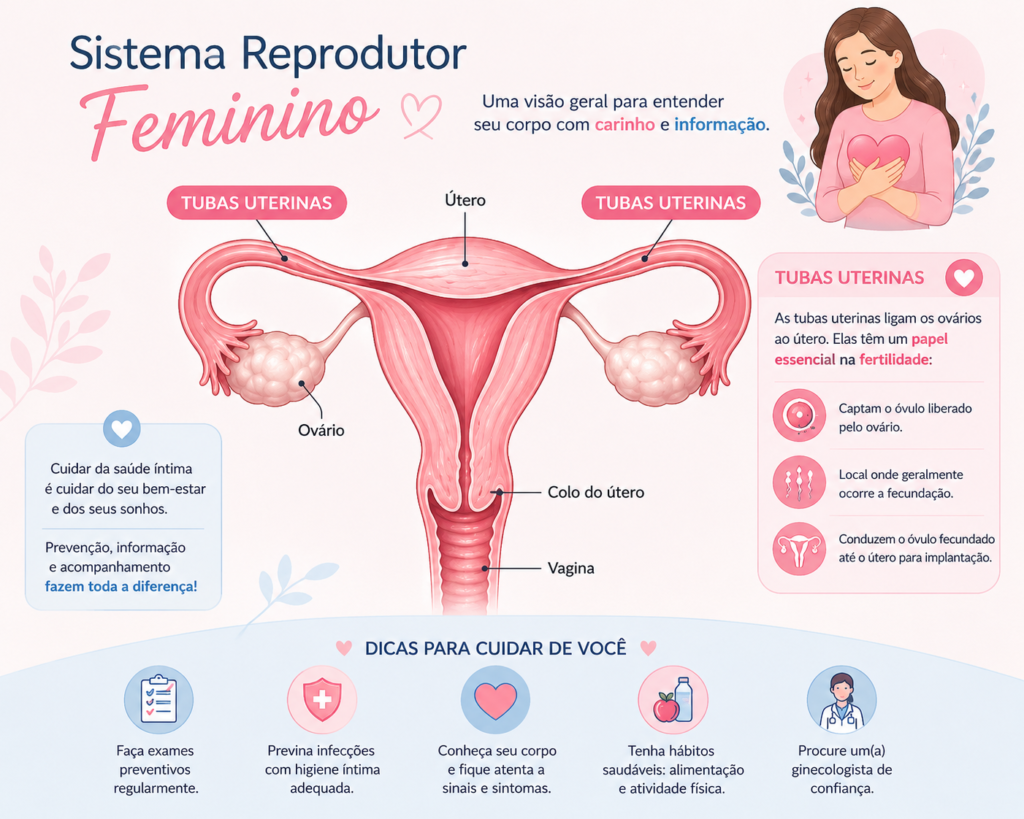 Ilustração educativa do sistema reprodutor feminino destacando as tubas uterinas e o útero para explicar a obstrução tubária