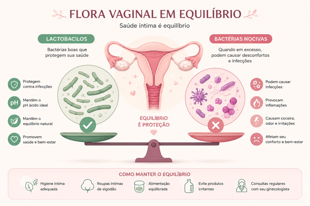 Ilustração explicativa sobre o equilíbrio da flora vaginal e bactérias benéficas