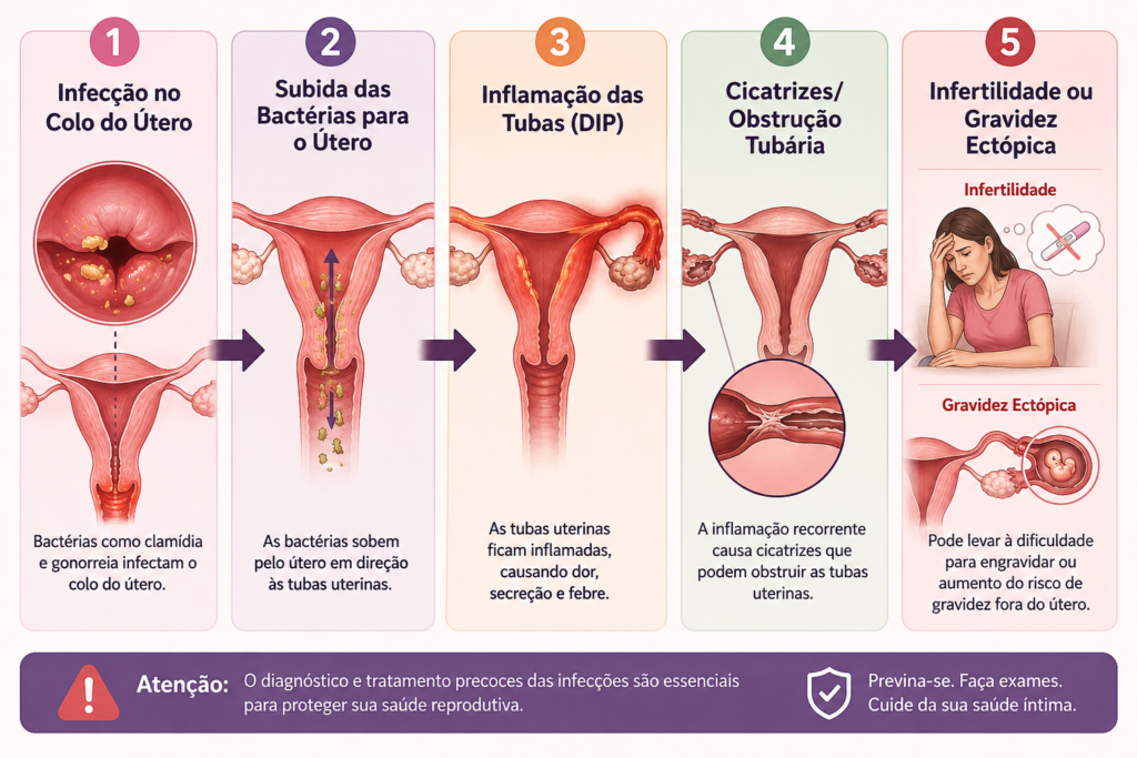 Infográfico mostrando como uma infecção no colo do útero pode evoluir para doença inflamatória pélvica (DIP), causar obstrução das tubas e aumentar o risco de infertilidade ou gravidez ectópica.