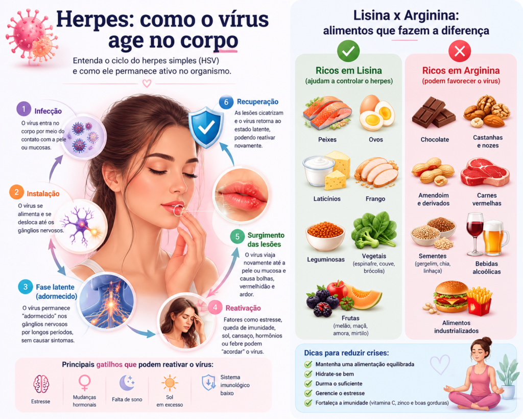 Infográfico sobre prevenção de crises de herpes genital através da imunidade e alimentação