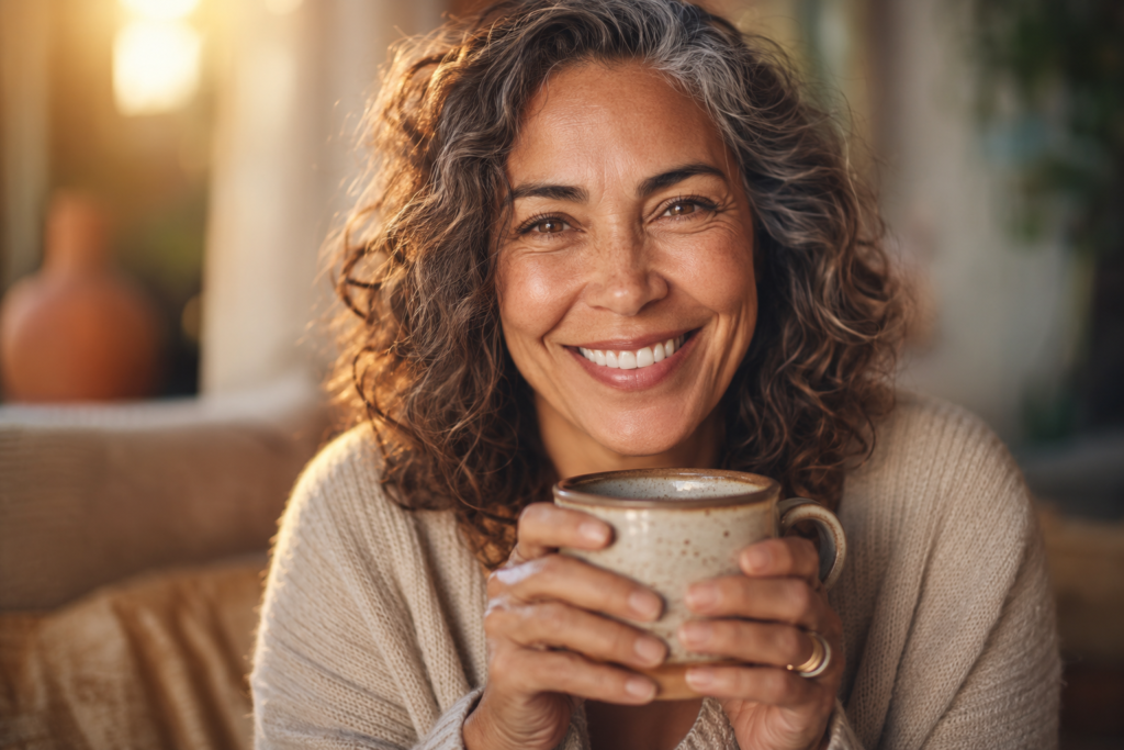 Mulher madura sorrindo em momento de autocuidado durante a transição do Climatério e Menopausa  