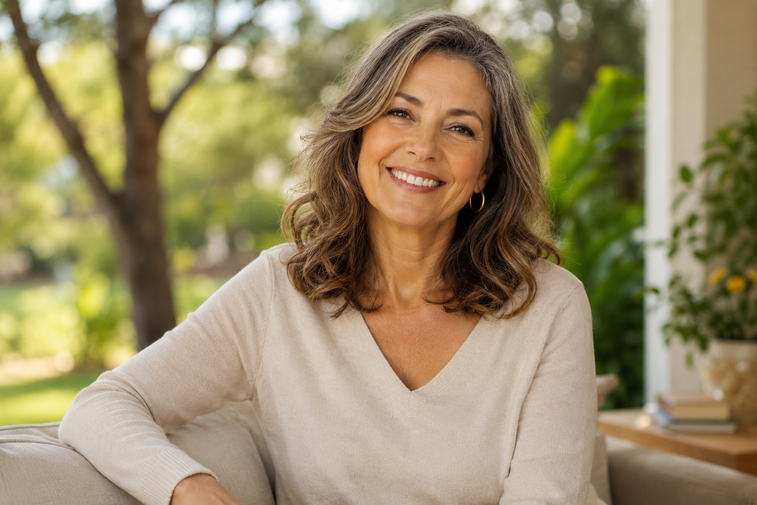 Mulher madura sorrindo expressando saúde e bem-estar durante a menopausa.