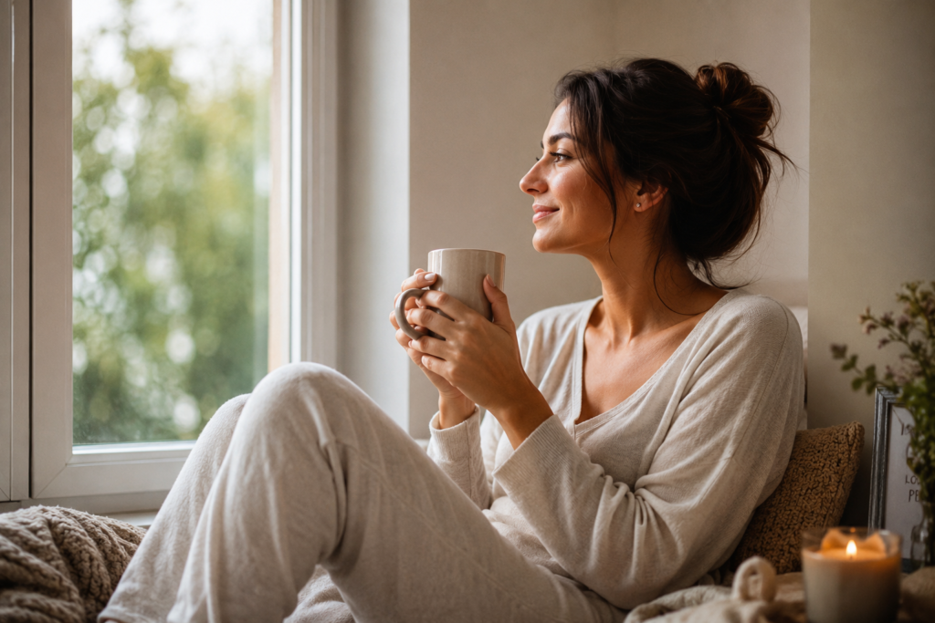 Mulher relaxando em casa cuidando da saúde íntima e aliviando os sintomas do herpes genital