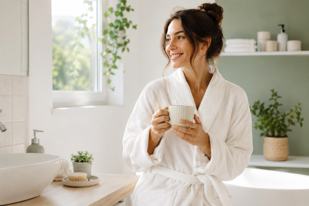 Mulher sorridente de roupão branco em um banheiro iluminado, representando o autocuidado e a saúde íntima feminina natural.