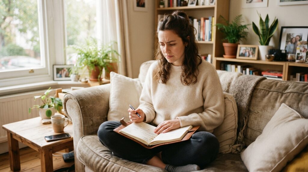 Uma mulher jovem sentada confortavelmente em um sofá aconchegante, olhando reflexivamente para o celular ou para um calendário, expressando um ar de dúvida leve, mas sem desespero. Ambiente iluminado com luz natural, transmitindo preocupação com menstruação irregular.