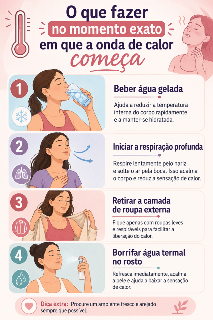 infográfico Ilustrativo aqui com o passo a passo: "O que fazer no momento exato em que a onda de calor começa", destacando: 1. Beber água gelada, 2. Iniciar a respiração profunda, 3. Retirar a camada de roupa externa, 4. Borrifar água termal no rosto).