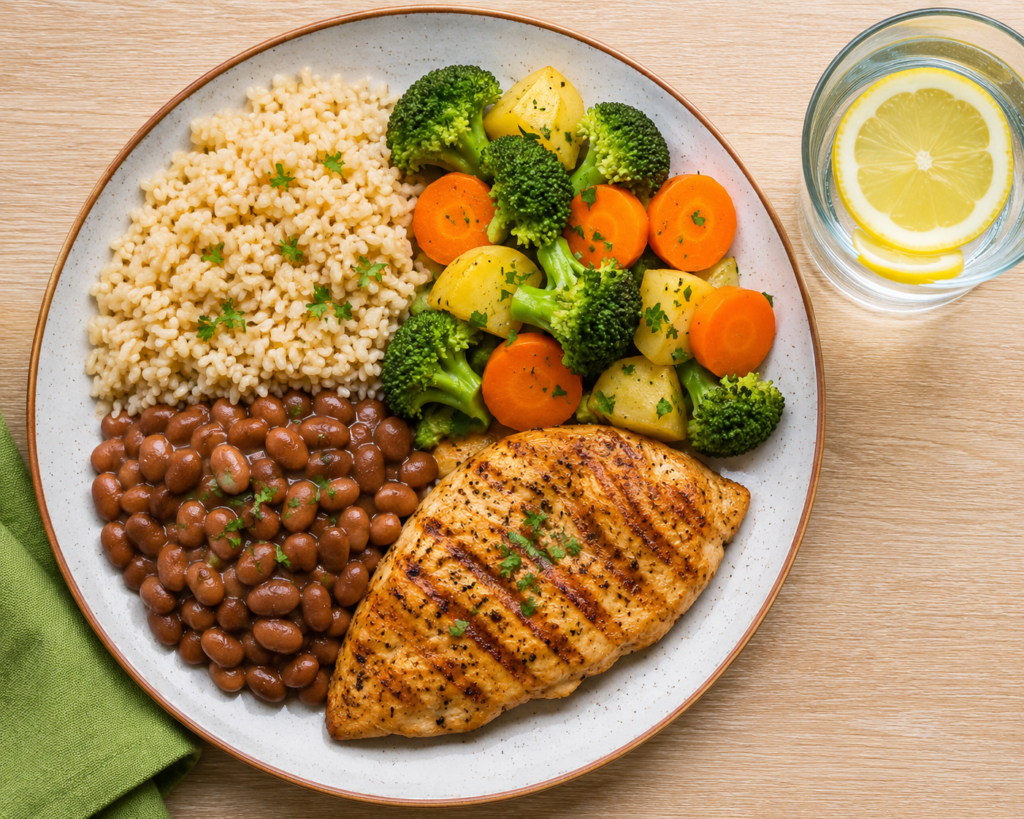 Prato saudável e equilibrado para gestantes com arroz integral, feijão, frango grelhado e vegetais cozidos coloridos.