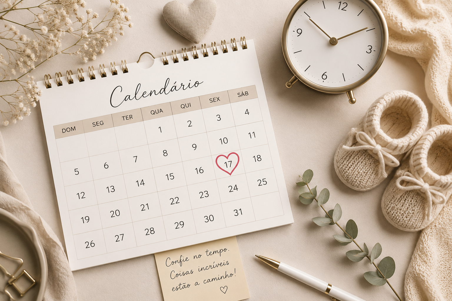 Conceito visual: Uma foto em estilo "flat lay" (visto de cima) mostrando um calendário de parede com um dia marcado com um coração, um relógio delicado e um par de sapatinhos de bebê em tons neutros ao fundo, focando na passagem do tempo e na espera pacientemente conduzida.