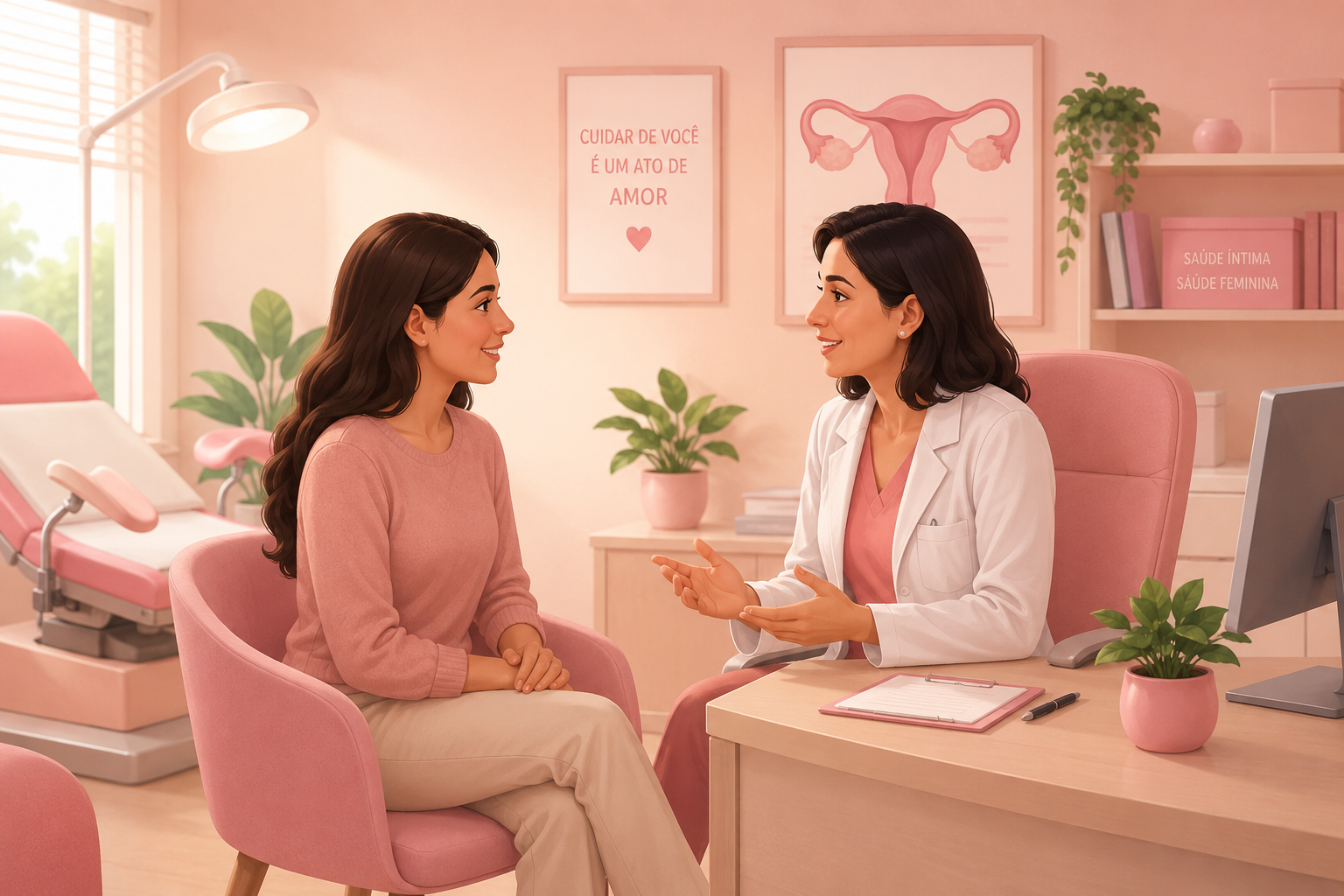 Ilustração acolhedora em tons de rosa e bege mostrando uma mulher sentada conversando calmamente com uma médica em um consultório ginecológico iluminado.