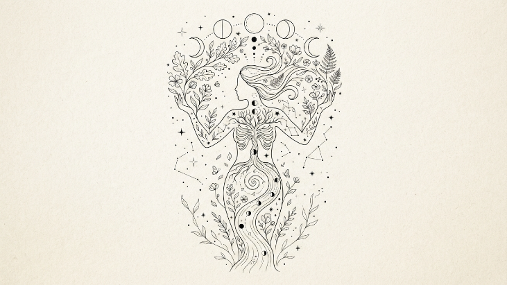 Uma ilustração conceitual em traços finos (line art) representando a silhueta de um corpo feminino integrado a elementos da natureza, como fases da lua e folhas esvoaçantes, simbolizando a ciclicidade do corpo e o equilíbrio hormonal