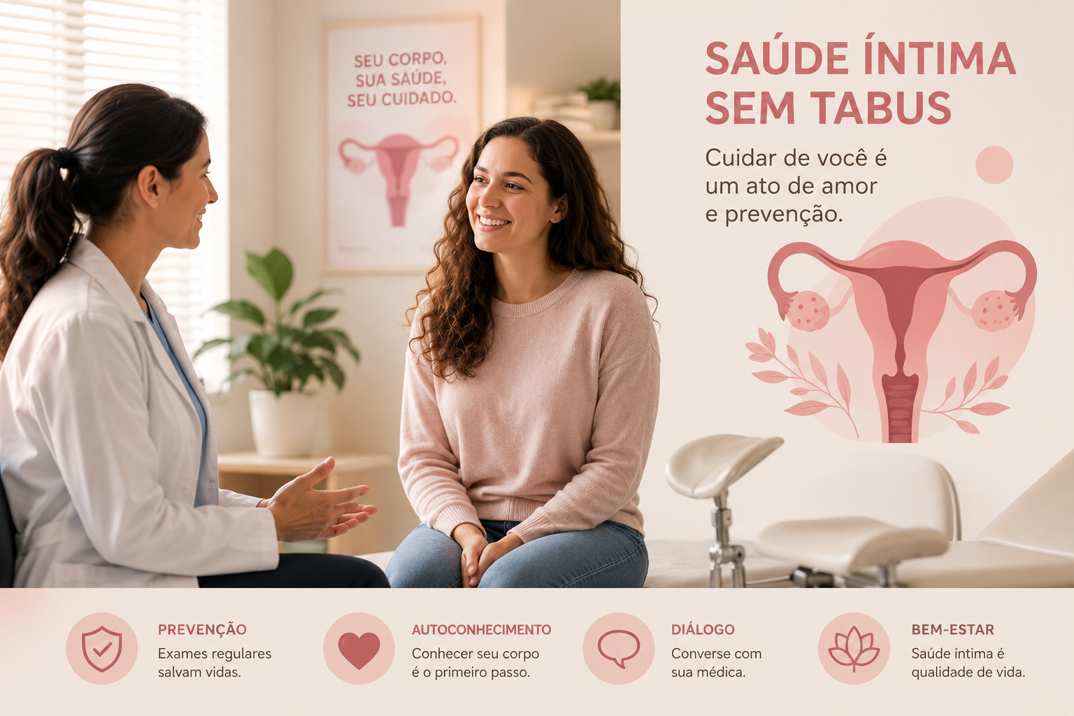 Ilustração médica educativa e suave do sistema reprodutor feminino.