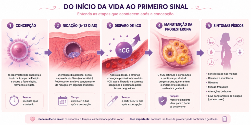 [Concepção] ➔ [Nidação (6-12 dias)] ➔ [Disparo de hCG] ➔ [Manutenção da Progesterona] ➔ [Sintomas Físicos]