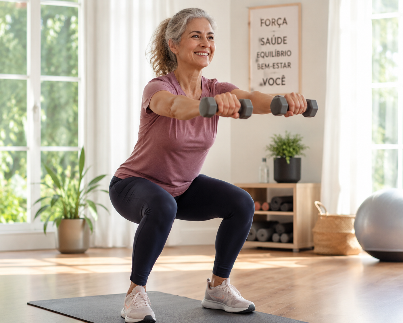 mulher madura fazendo exercício de agachamento com halteres para fortalecer ossos e músculos na menopausa
