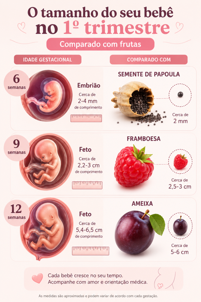 nfográfico comparando o tamanho do embrião e feto no primeiro trimestre com frutas (semente de papoula, framboesa e ameixa).