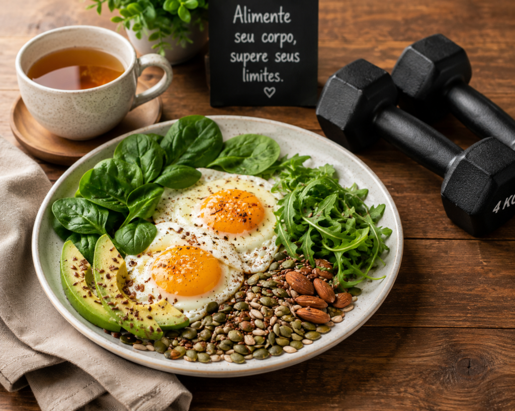 refeição saudável rica em proteínas e cálcio ao lado de halteres representando saúde na menopausa