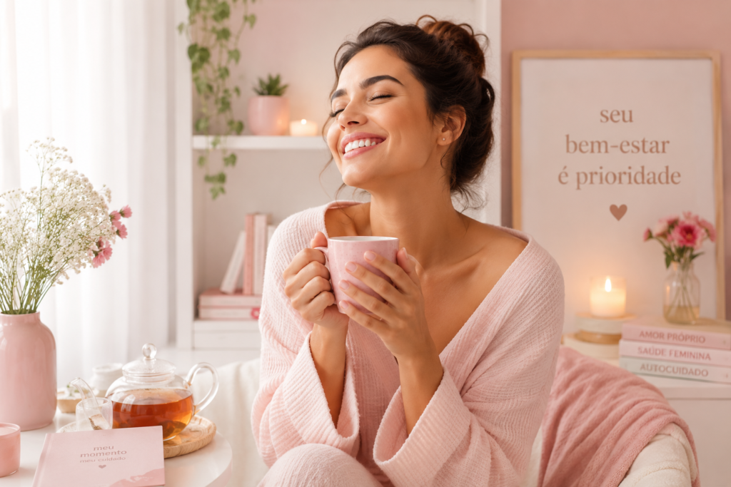 Mulher sorridente simbolizando saúde feminina e cuidados diários com a higiene íntima.