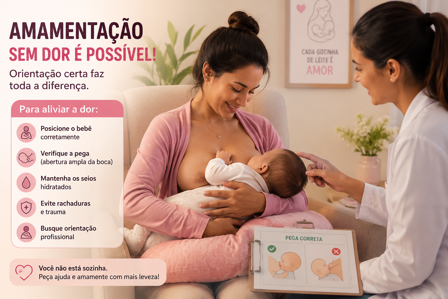 Mulher amamentando o bebê e recebendo orientação para aliviar a dor ao amamentar.