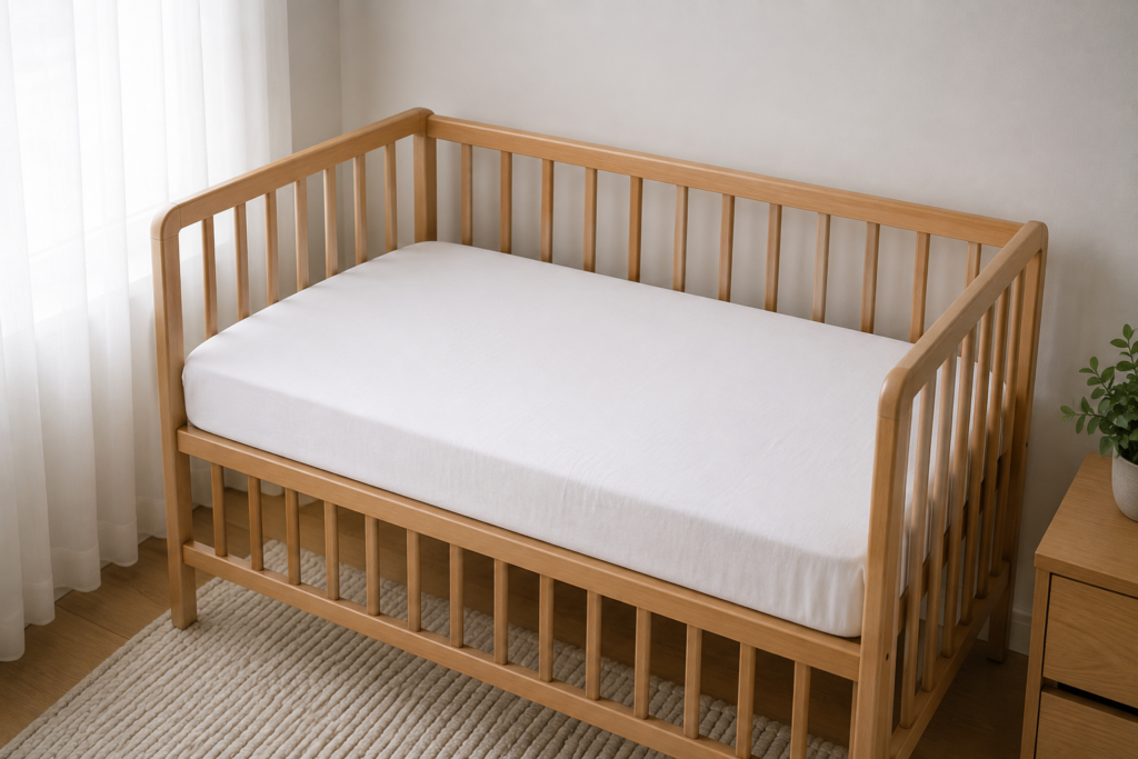 Berço de bebê montado seguindo recomendações de sono seguro, sem itens soltos, um do itens do artigo Lista de Enxoval de Bebê Barato