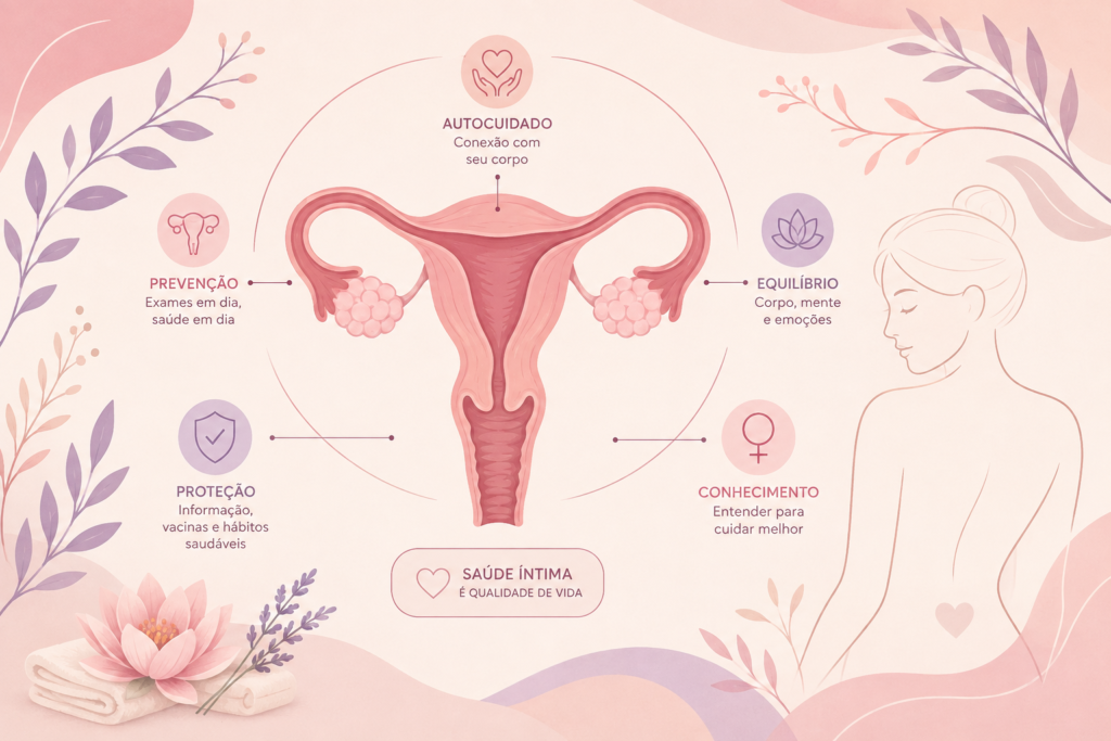 Ilustração vetorial minimalista da anatomia feminina e do sistema reprodutor em tons suaves de rosa, lilás e bege, destacando a importância dos cuidados com a saúde íntima, prevenção ginecológica e autocuidado feminino.