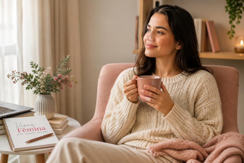 Mulher relaxada praticando autocuidado e buscando informações sobre saúde da mulher no blog Viver Fêmina.