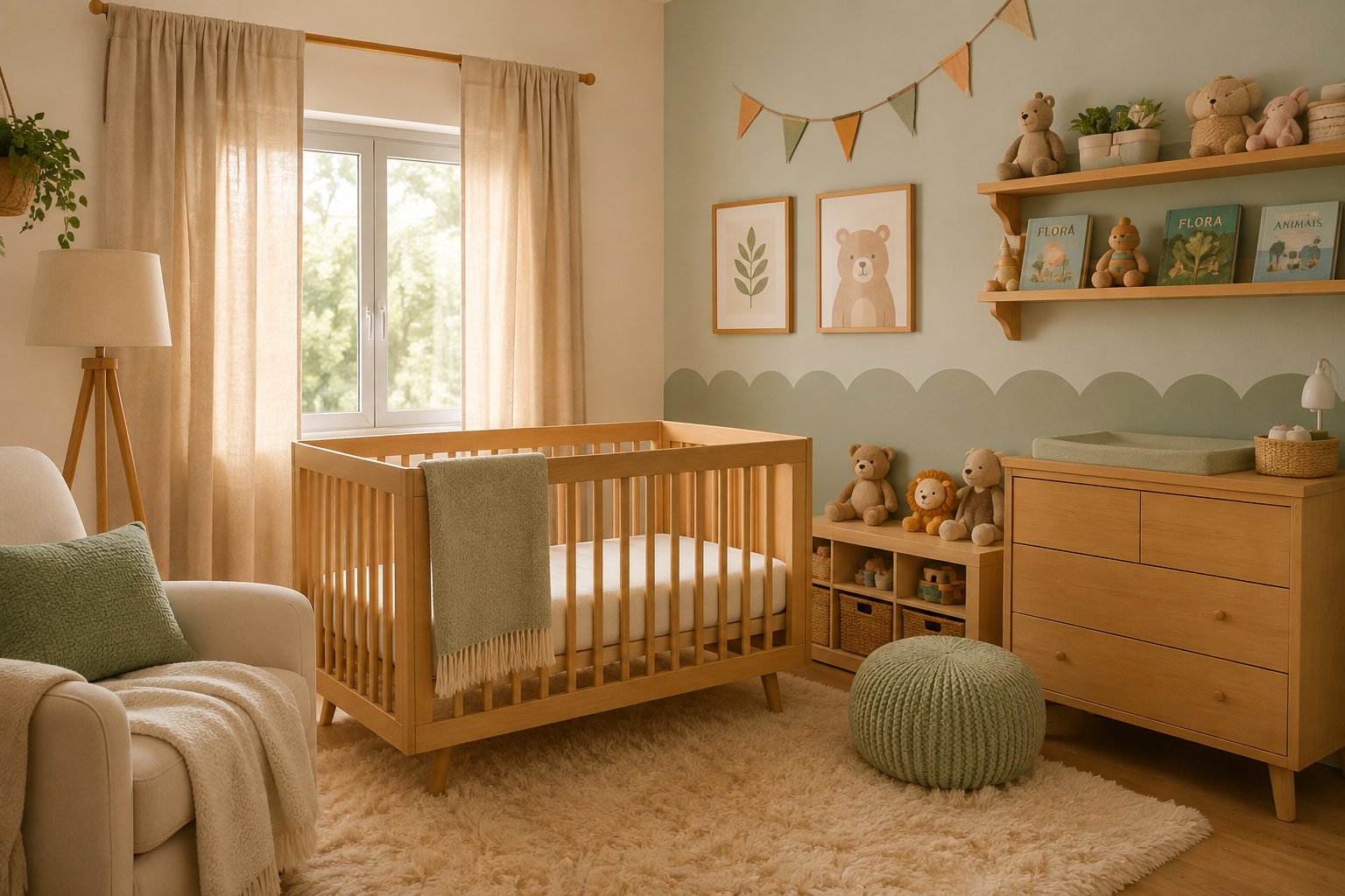 Decoração de quarto de bebê em tons pastel com berço de madeira e detalhes aconchegantes