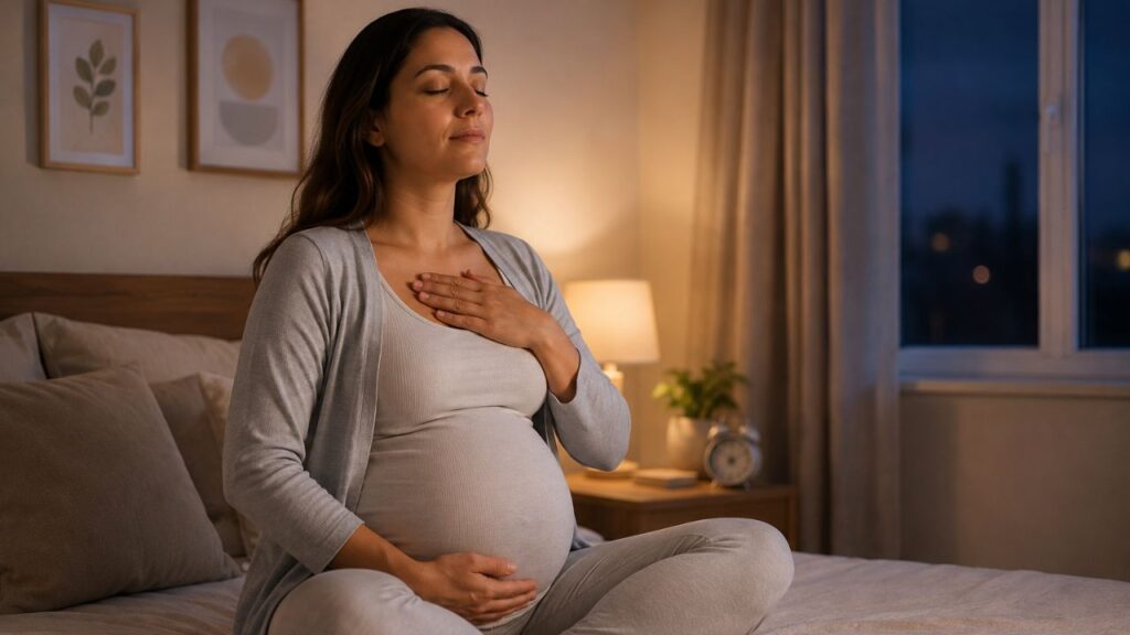 Gestante no terceiro trimestre sentada na cama, respirando com calma antes de dormir