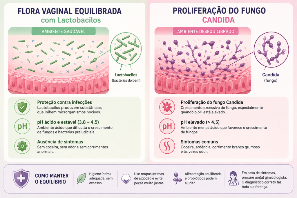 Candidíase é DST,Ilustração médica educativa mostrando a diferença entre uma flora vaginal equilibrada com lactobacilos e uma proliferação do fungo Candida.