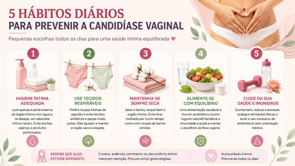 Infográfico educativo com 5 hábitos diários para prevenir a candidíase vaginal, destacando higiene adequada e tecidos respiráveis.
