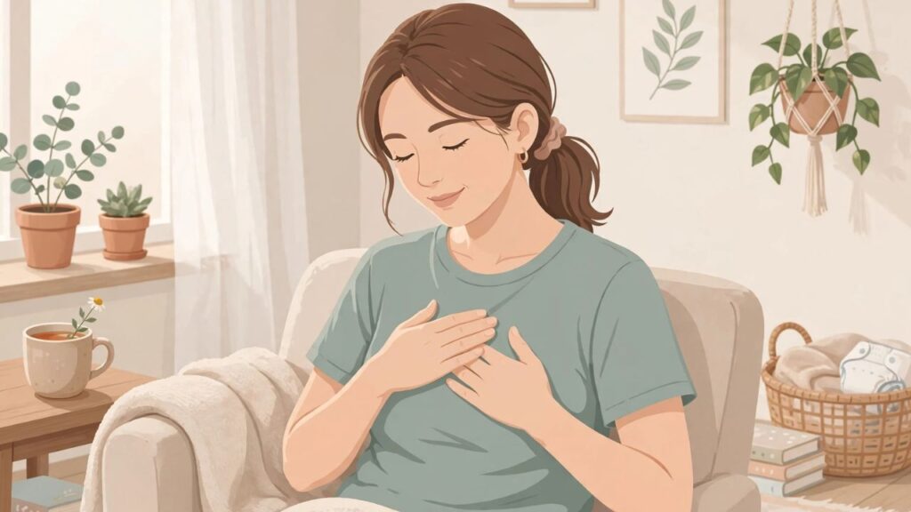 Mãe fazendo massagem circular no peito empedrado antes da mamada