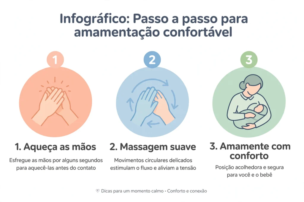 infografico de uma Mãe fazendo massagem circular no peito empedrado antes da mamada