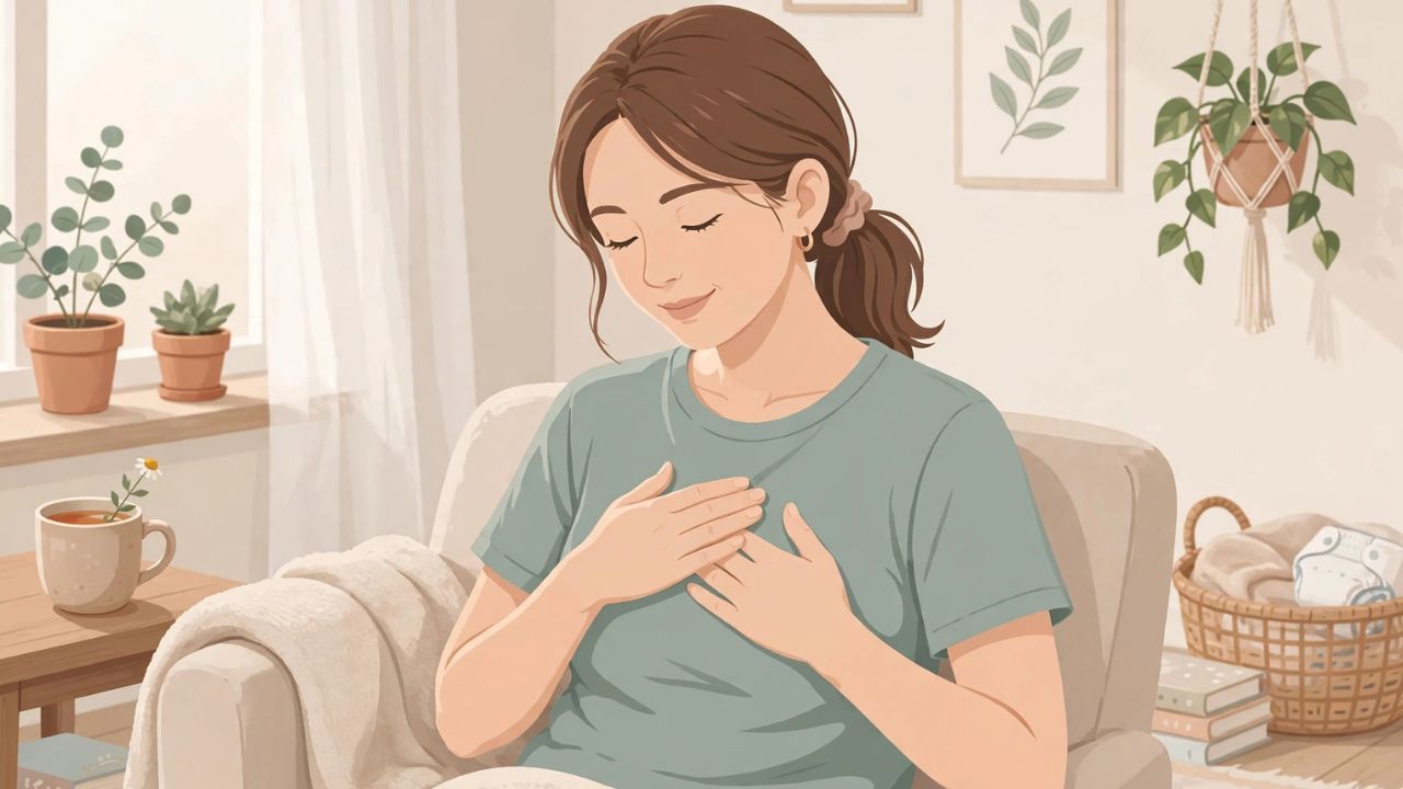 Mãe fazendo massagem circular no peito empedrado antes da mamada